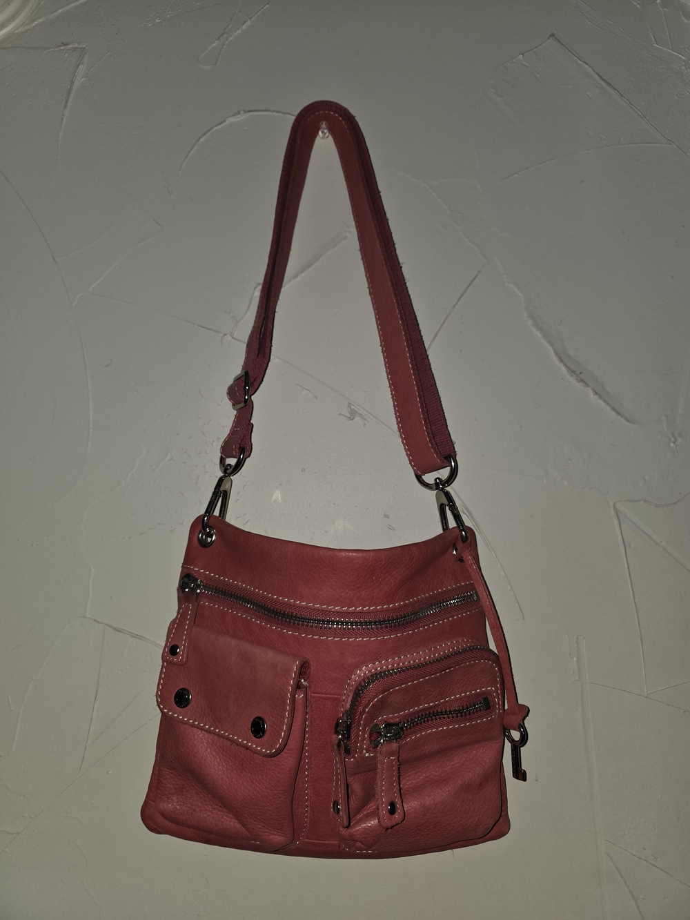 Fossil Red Leather Multi-Pocket Shoulder Bag